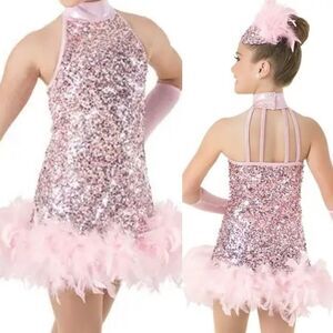 WEISSMAN Dance Costume 1920’s flapper pink feather Sparkling Diamonds 9621 MA